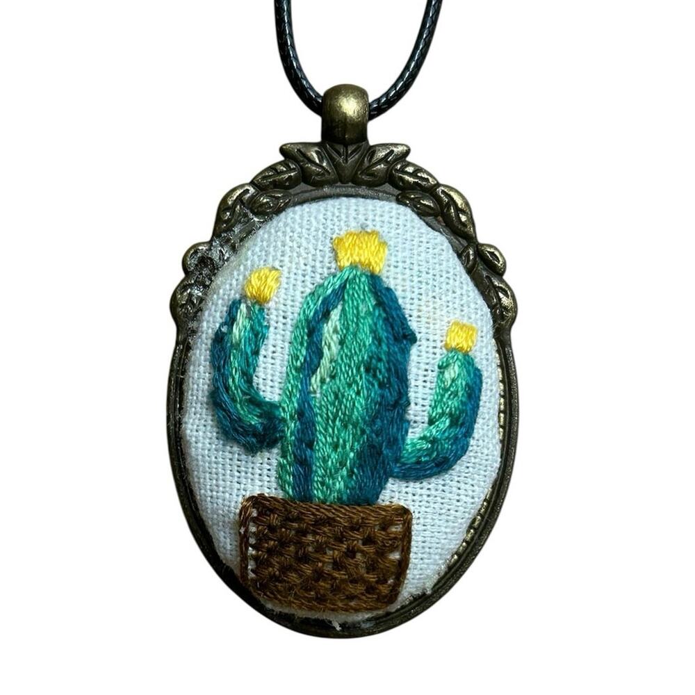 Handmade Embroidered Saguaro Cactus Pendant Necklace  with Yellow Flowers